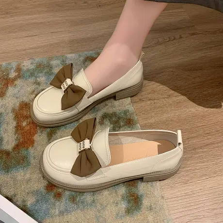 单鞋女2023年夏季新款英伦风蝴蝶结一脚蹬粗跟乐福鞋复古小皮鞋潮商品大图