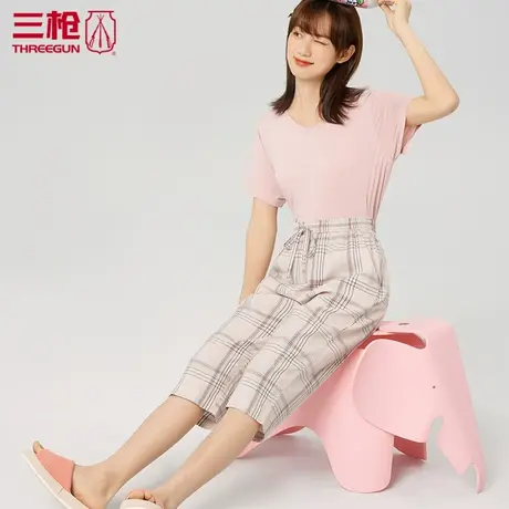 三枪休闲五分裤女夏季格子裤纯棉彩格女士家居裤睡裤夏薄款61088图片