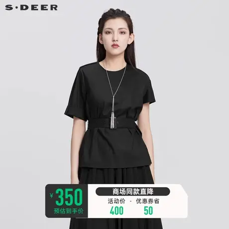 sdeer圣迪奥女装夏装休闲圆领收腰不对称黑色短袖衬衫S22280418商品大图
