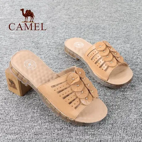 Camel/骆驼女鞋夏季款真牛皮舒适透气牛筋底平底外穿式休闲拖鞋子图片