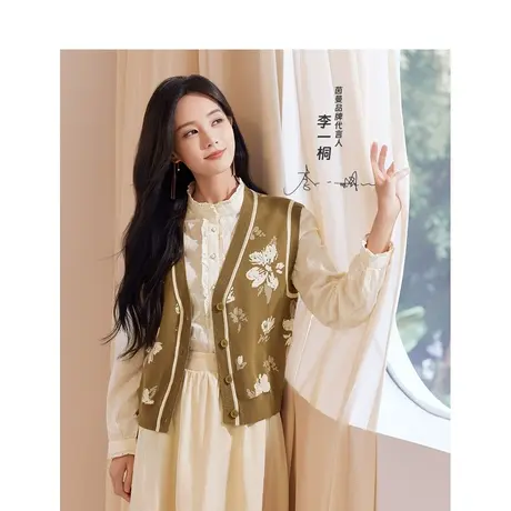 茵曼文艺芝麻底提花针织开衫2023秋女装新款V领显瘦叠穿百搭马甲图片