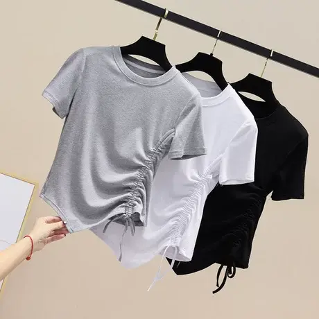 2023夏纯色侧边抽绳绑带圆领短袖T恤女修身短款棉设计感心机上衣商品大图