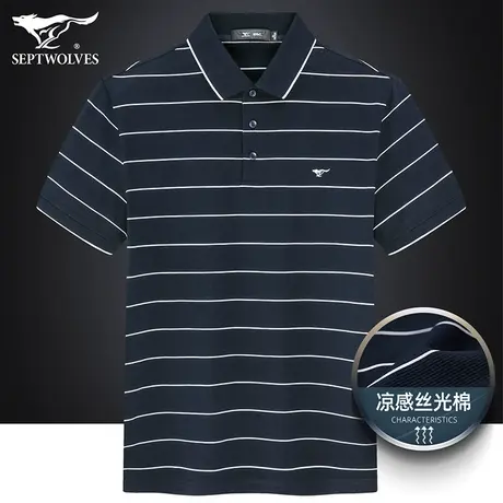 七匹狼狼族生活翻领短袖T恤男士夏季凉感丝光棉条纹体恤Polo衫男商品大图