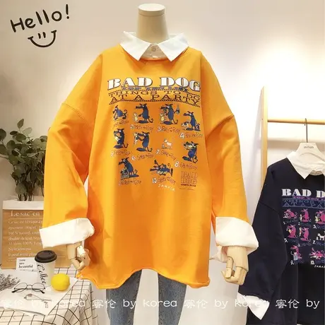 2020秋季假两件套装卫衣韩国东大门潮卡通中长款衬衫拼接卫衣大码商品大图
