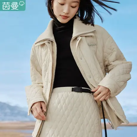 茵曼旗舰店菱格夹棉棉服女2023年冬季新款法式轻薄小个子棉衣外套图片