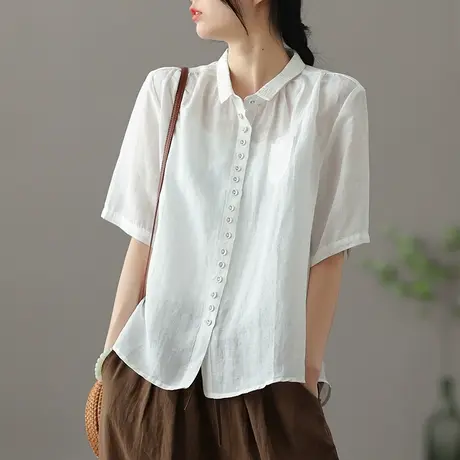 dza 复古白色亚麻上衣女士夏季薄款短袖衬衫气质开衫外穿棉麻衬衣图片