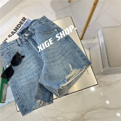 美式复古时髦个性撕破毛边牛仔短裤女夏季高腰显瘦a字阔腿热裤潮图片