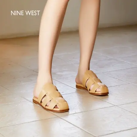【商场同款】Nine West/玖熙包头半拖女软底外穿编织真皮罗马拖鞋图片