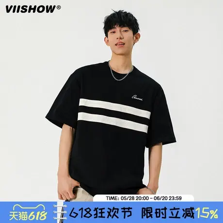 VIISHOW美式复古条纹短袖T恤男夏季新款oversize撞色五分袖体恤商品大图