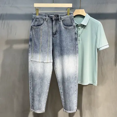 2023男士男士直筒牛仔裤 潮流韩版宽松浅色9分裤休闲牛仔裤男长裤图片