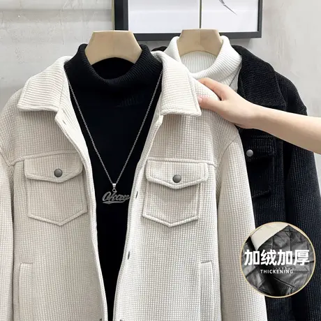 华夫格秋冬装加厚廓形短款工装夹克男休闲翻领保暖夹棉男士外套潮图片