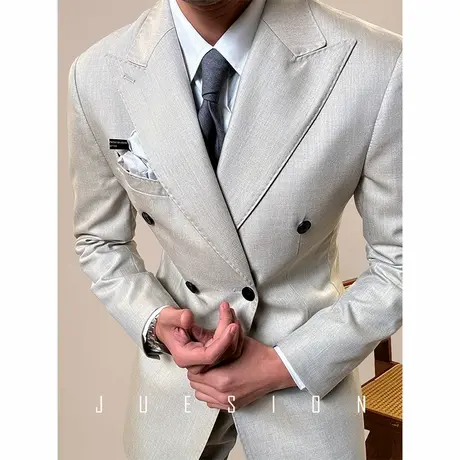 JUESION 意式双排西服套装男商务宽松春秋款休闲纯色免烫西装单西图片
