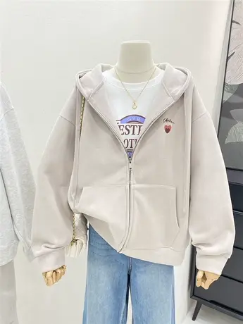 拉链连帽外套女2023年新款秋装韩系百搭慵懒风爱心刺绣开衫卫衣女商品大图