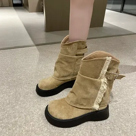 西部牛仔靴女2023年秋季新款复古堆堆裤管靴厚底靴子套筒时尚短靴图片