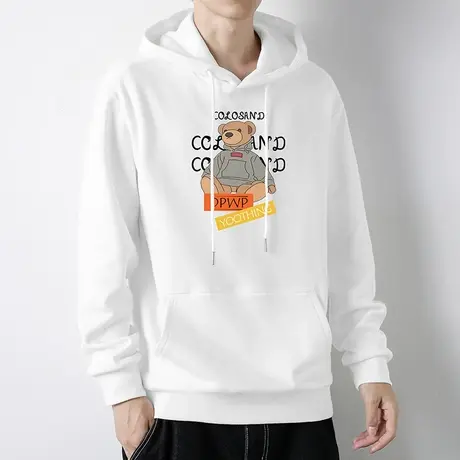 白色连帽卫衣男秋冬加绒加厚宽松潮流带帽衫小熊长袖外套休闲百搭商品大图