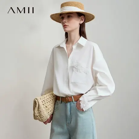 Amii2025秋新款极简纯色蕾丝花边宽松中长TR细斜纹衬衫女款图片