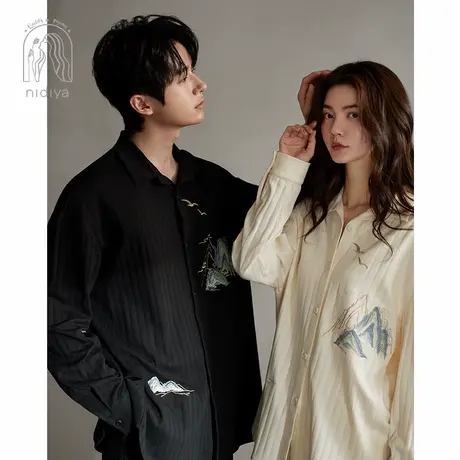 妮狄娅秋季情侣睡衣女纯棉长袖男翻领开衫中式风春秋季家居服套装商品大图