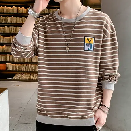 条纹卫衣男2023新款春秋韩版潮流长袖T恤圆领宽松打底男装上衣服商品大图