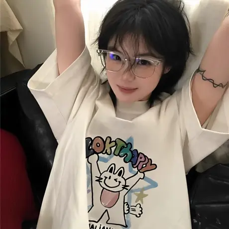 超火大码复古甜酷chic独特别致上衣服女ins潮牌高级感白色短袖t恤商品大图