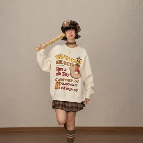 YEP复古印花园领卫衣女春秋2025新款美式插肩袖宽松套头无帽上衣商品大图