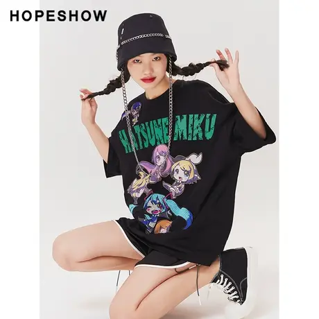 红袖outlets动漫主题绣花套头T恤hopeshow2023夏款宽松通勤短袖商品大图