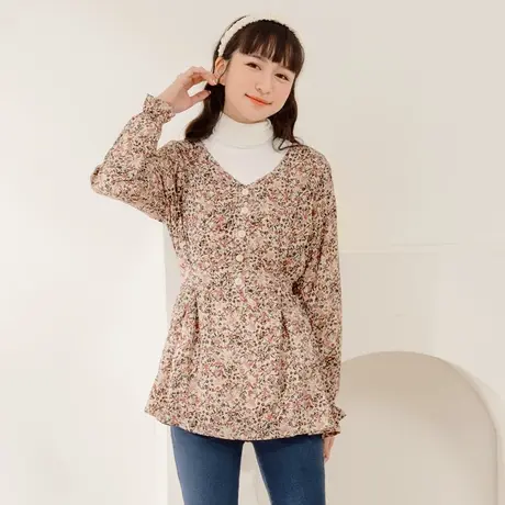 桔熊秋冬季韩版浪漫碎花V领收腰绑带舒适中长款上衣女大码AB16279商品大图