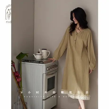 妮狄娅睡衣睡裙女春季纯棉长袖简约素雅中长裙春秋可外穿家居服商品大图