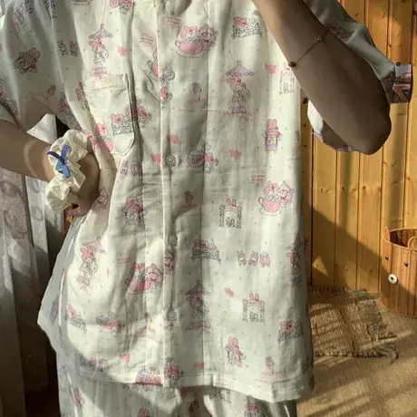 新品~美乐蒂A类纯棉双层纱短袖长裤套装可爱开衫翻领休闲家居服商品大图