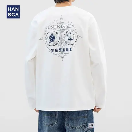 hansca 圆领长袖t恤男士秋季复古创意印花体恤宽松青少年酷帅上衣图片