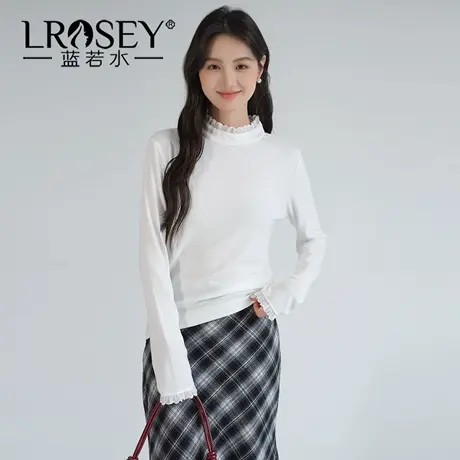 蓝若水大码女装蕾丝拼接半高领打底衫2025秋装新款气质内搭上衣YL图片