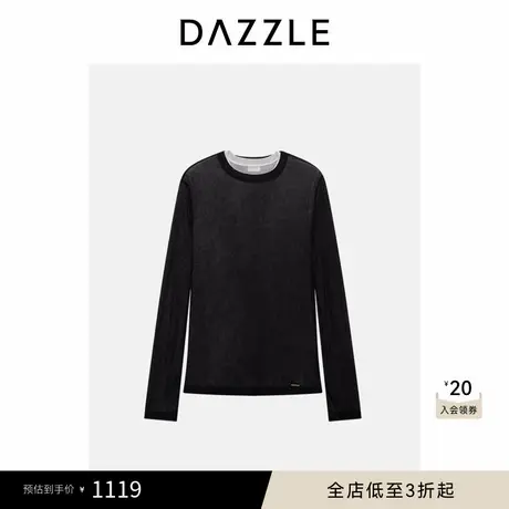 DAZZLE 地素奥莱基础内搭冬季黑色棉混纺坑条两件套T恤商品大图