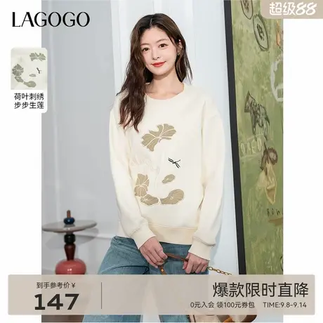 LAGOGO荷叶刺绣圆领卫衣女拉谷谷2025年秋季新款宽松休闲长袖上衣图片