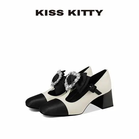 【呼呼专享】KISSKITTY黑白拼色玛丽珍女鞋25新款高跟鞋复古小皮商品大图