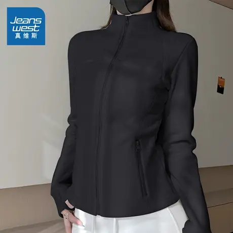 KMV真维斯黑色加绒立领开衫外套女2025新款秋冬季保暖修身上衣潮商品大图