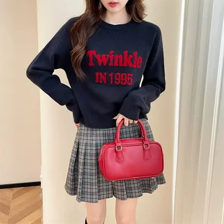 秋冬季毛衣女美式校园风复古字母插肩袖圆领套头毛线衫TU图片