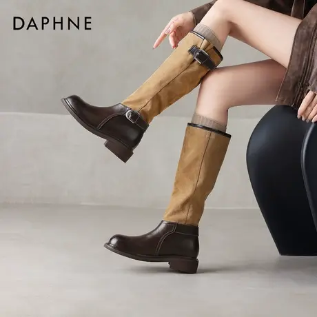 达芙妮长筒靴女冬季2026新款高筒马丁靴子拼接平底靴鞋绒面骑士靴商品大图