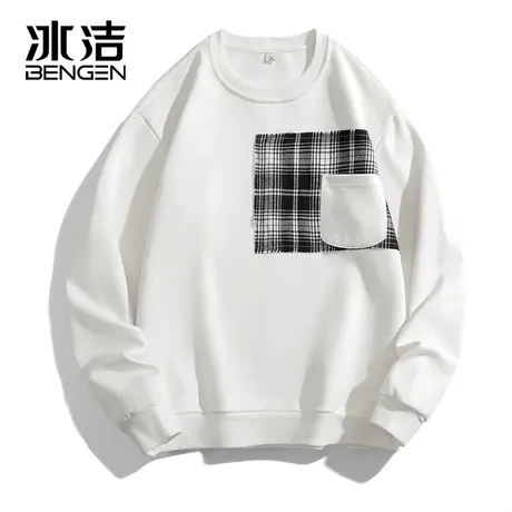 冰洁拼接圆领卫衣男女2023秋冬季新款撞色百搭格纹潮流长袖上衣KP商品大图