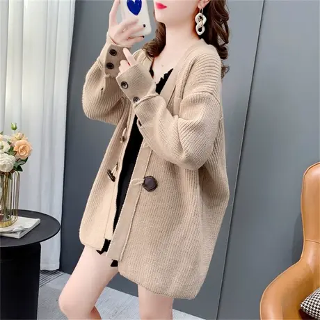 学院风牛角扣毛衣外套女秋季2022年新款宽松慵懒风长袖针织开衫潮商品大图