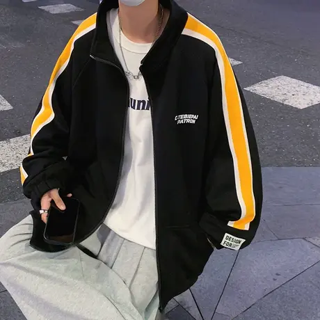 美式复古条纹拼接休闲卫衣男秋冬季oversize潮流情侣宽松开衫外套商品大图