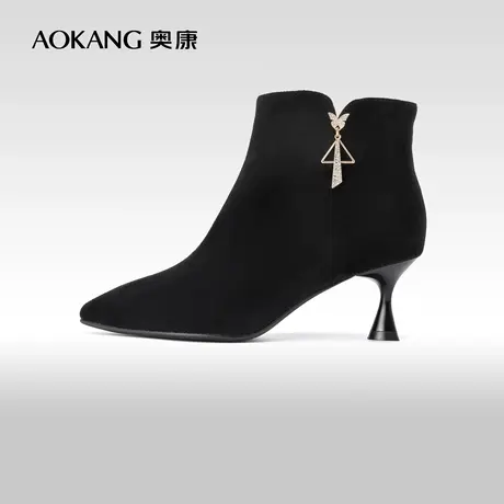 奥康女鞋 2023冬季新款短靴女靴子尖头细跟磨砂面时装靴瘦瘦靴商品大图
