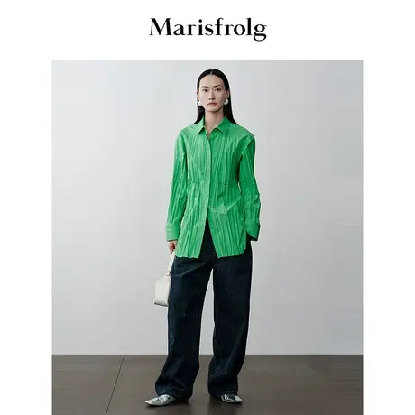 【商场同款】玛丝菲尔2023年冬季新款果绿色定位压褶长袖衬衫女商品大图