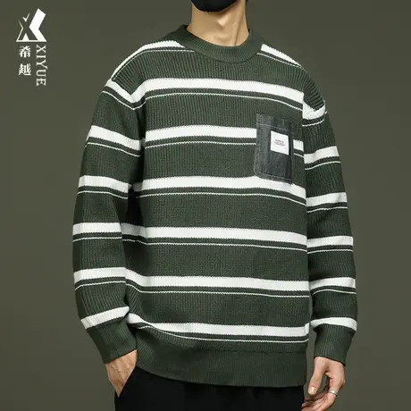 希越条纹撞色圆领毛衣秋冬季男士日系小众宽松大码潮流高级感线衣商品大图
