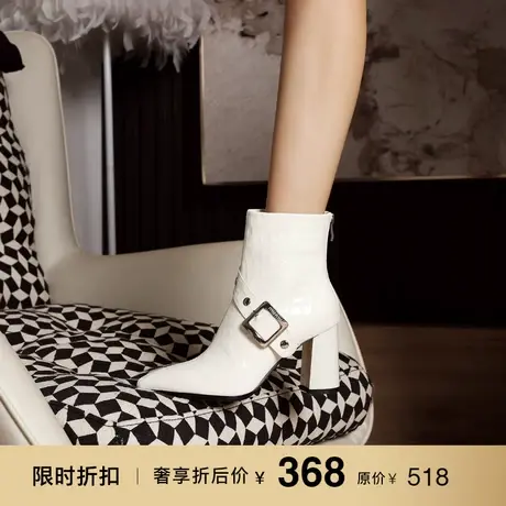 熙漫2023秋冬新款皮带扣气质白色短靴尖头粗跟舒适加绒简约高跟靴图片