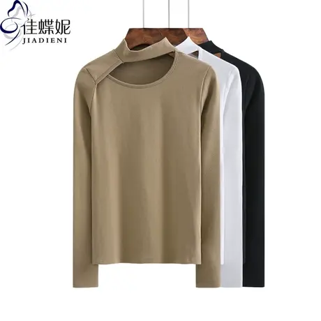 秋冬新款半高领镂空性感纯欲纯棉纯色修身显瘦长袖体恤上衣女打底图片