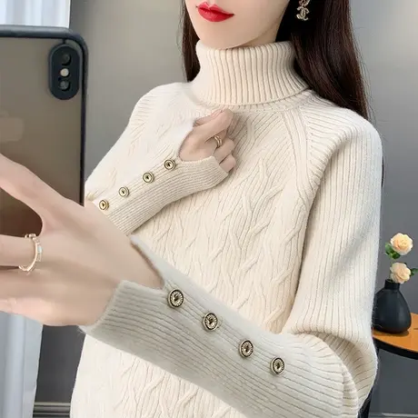 高领毛衣女加厚打底衫2023秋冬新款慵懒风套头外穿针织衫内搭上衣商品大图
