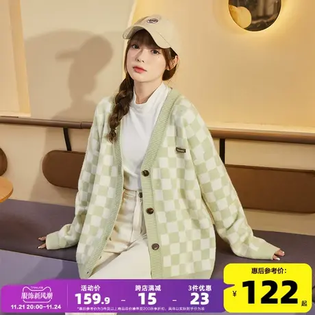 唐狮秋冬毛衣女V领棋盘格慵懒针织衫学院风日系宽松百搭针织开衫商品大图