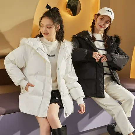 唐狮连帽短款羽绒服女冬季新款外套时尚保暖白色羽绒服设计感图片