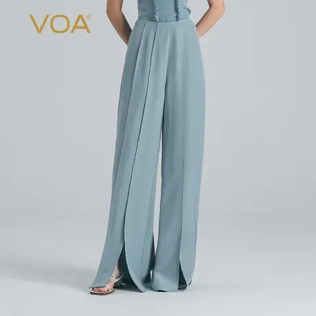 VOA雾霾蓝45姆米重磅挺括厚桑蚕丝自然腰侧口袋简约真丝宽腿长裤商品大图
