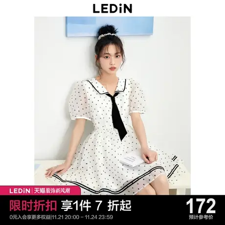 乐町海军风波点网纱公主裙2023年夏季新款泡泡袖小翻领收腰连衣裙图片