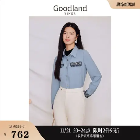 Goodland美地女装2023冬季复古通勤花纱拼接衬衫设计感上衣商品大图